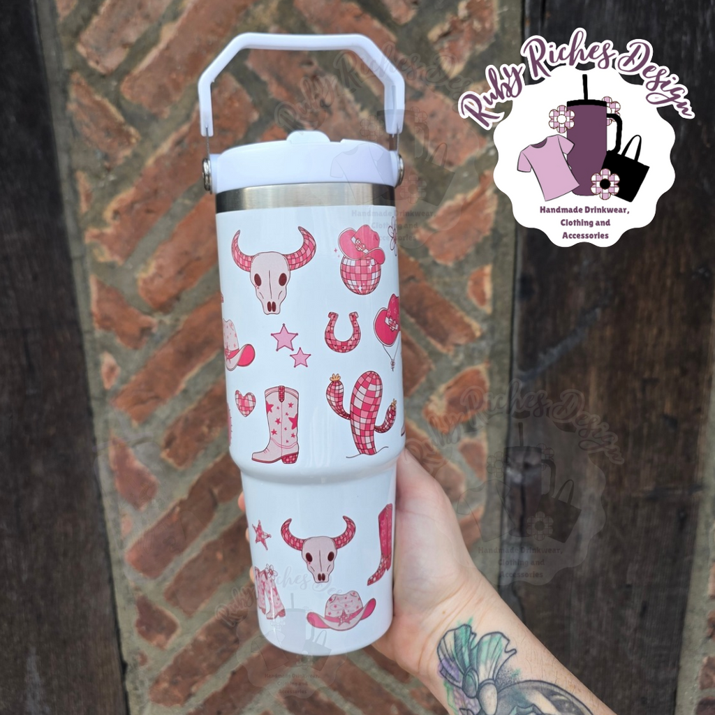 Pink Western Theme 30oz Flip Lid Double Wall Insulated Metal Tumbler