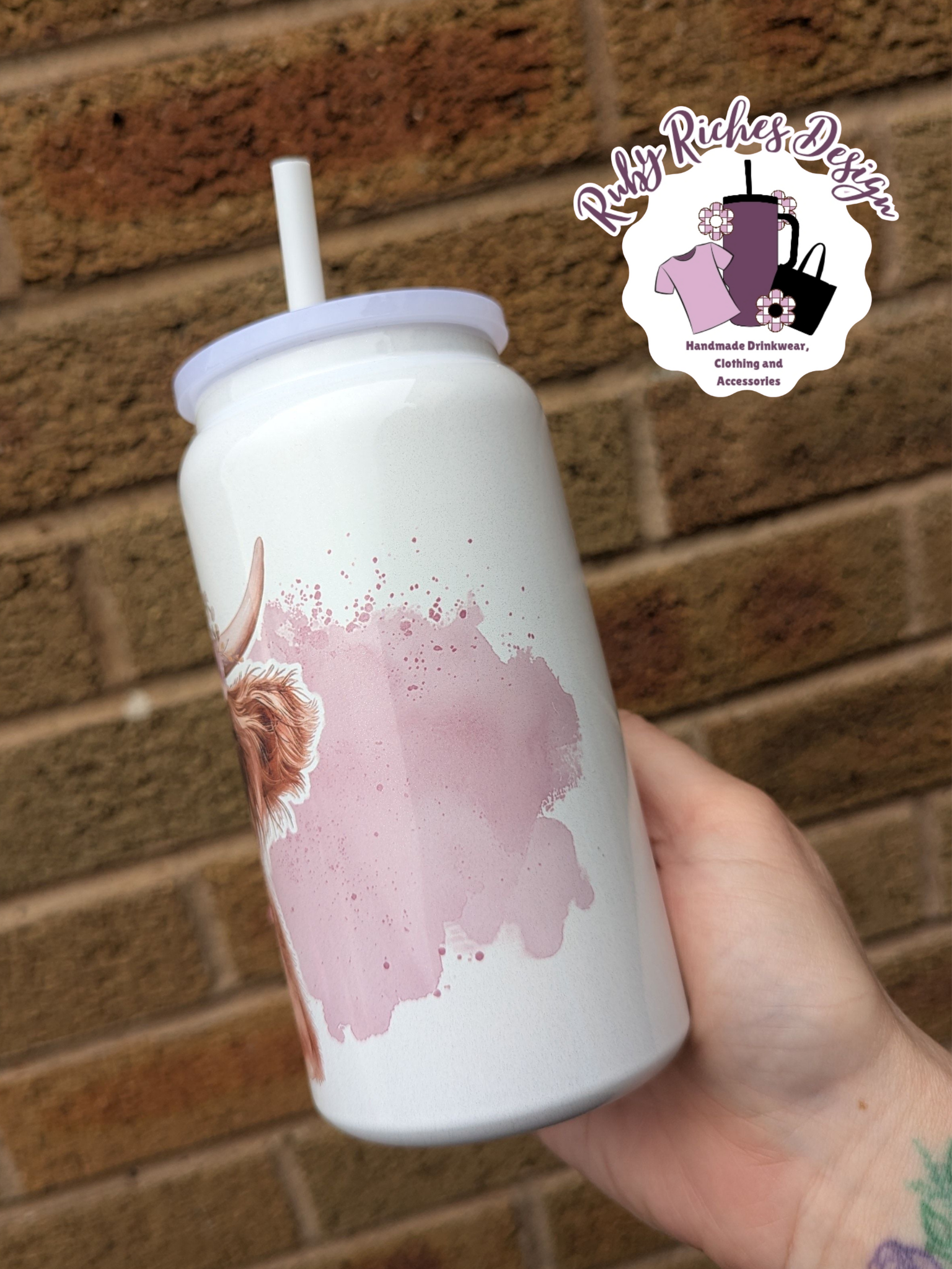 Floral Crown Pink Highland cow 16oz Double Wall Insulated Metal Tumbler