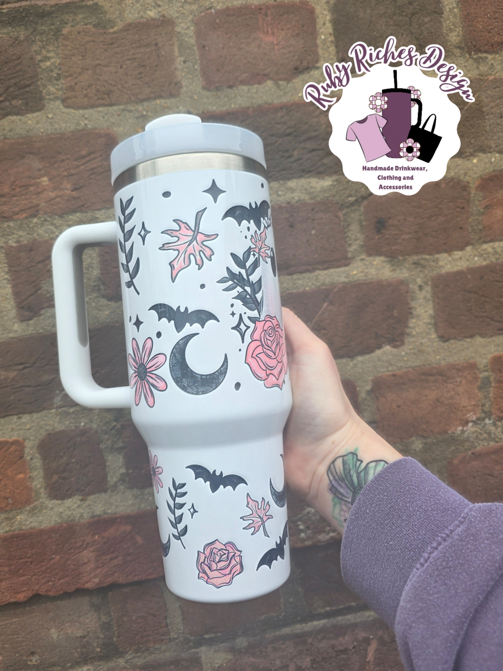 Pink Floral Ghost 40oz Double Wall Insulated Metal Tumbler