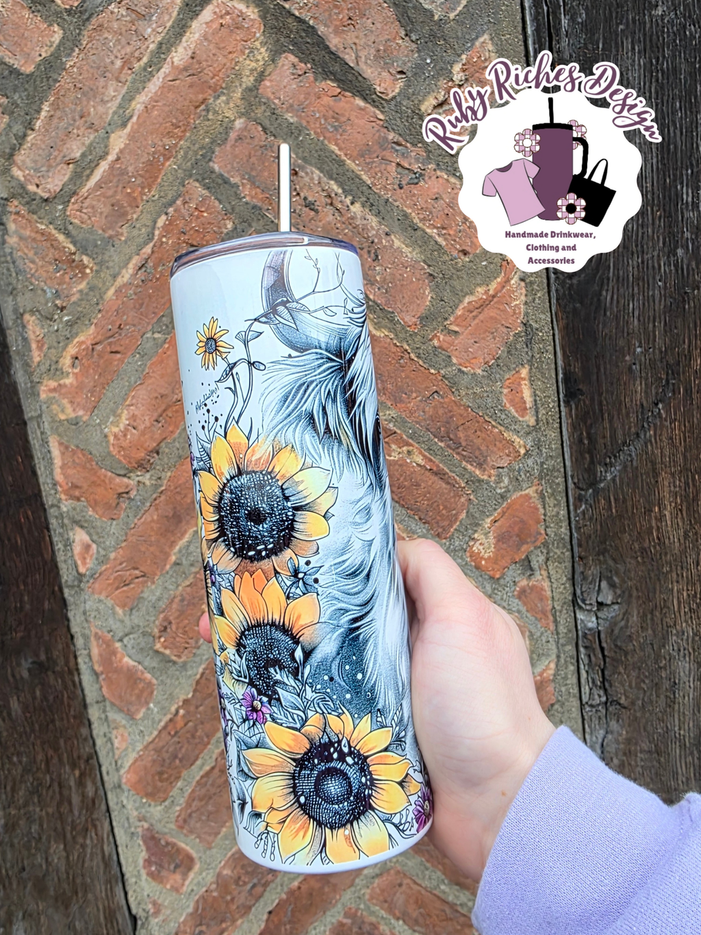 Highland Cow Sunflower Theme 20oz Double Wall Metal Tumbler