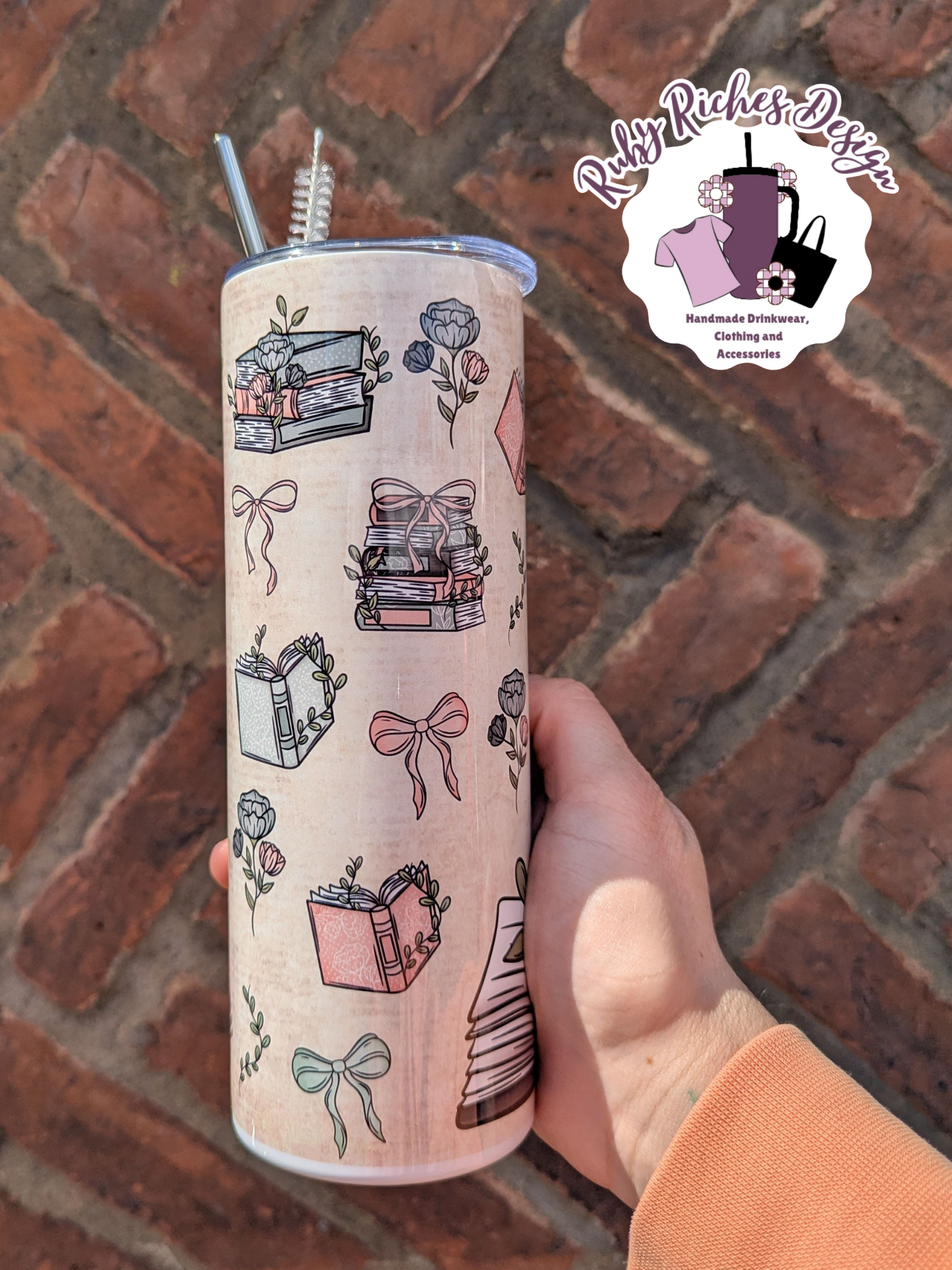 Floral Bows Book Theme 20oz Double Wall Insulated Metal Tumbler