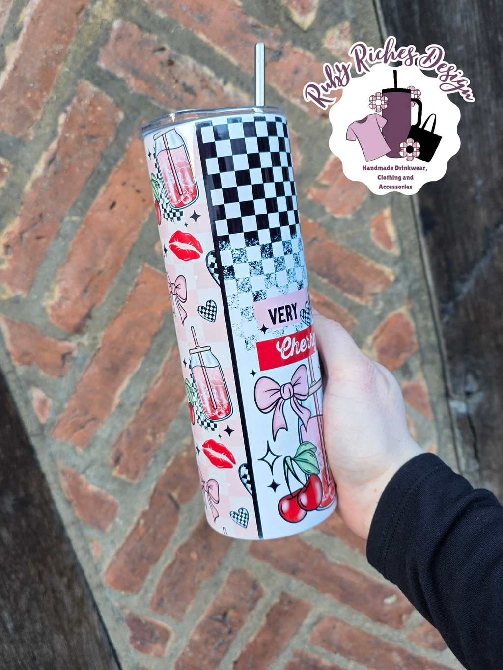 Very Cherry Checkered 20oz Metal Tumbler