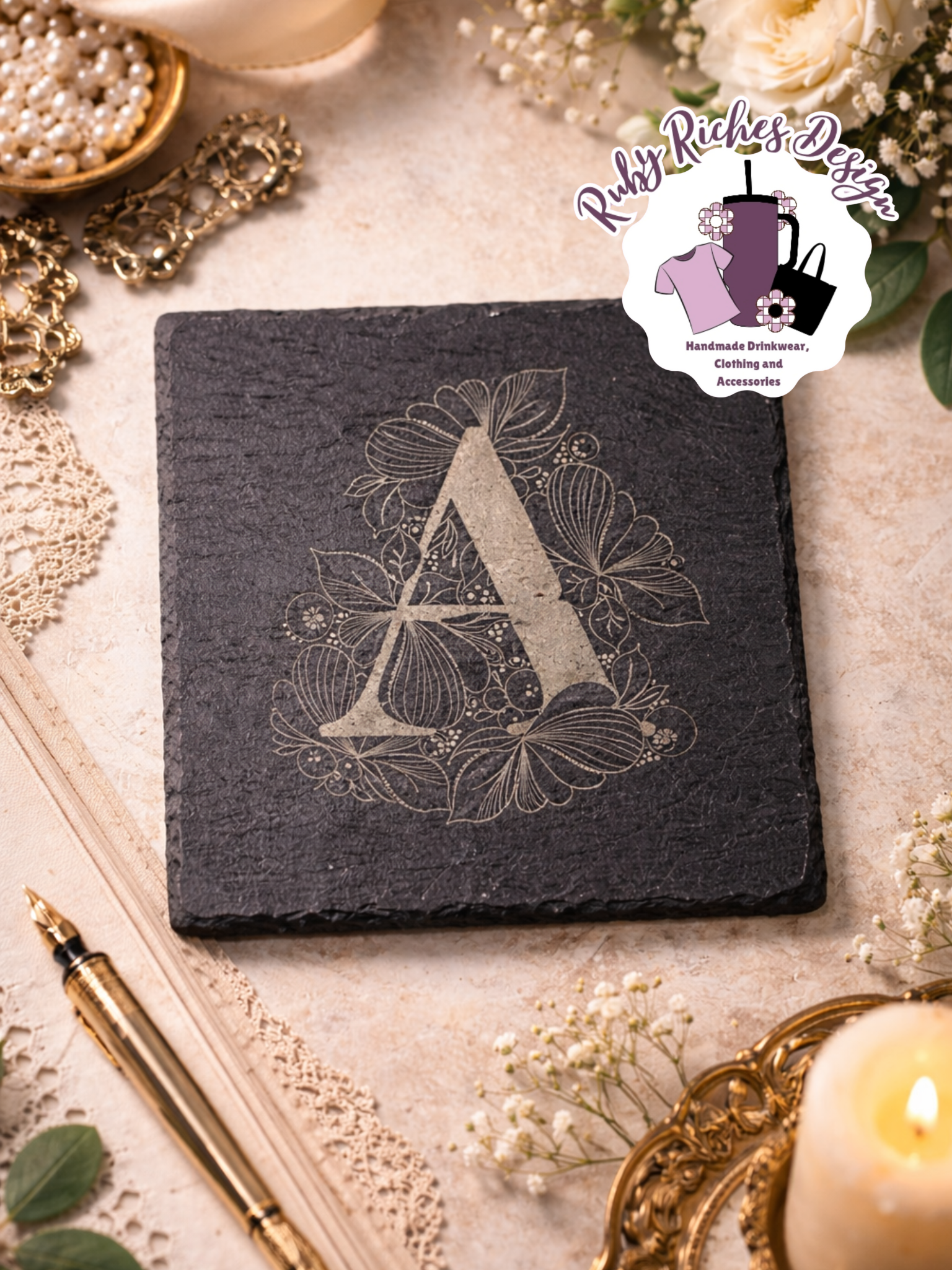 Floral Custom Inital Slate Coaster