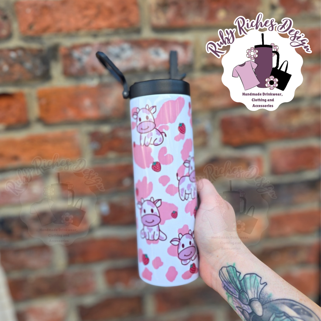 Pink Strawberry Cow 20oz Flip Lid Double Wall Insulated Bottle
