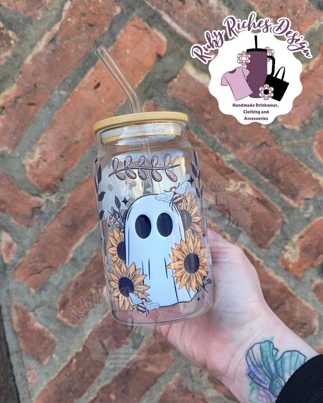 Sunflower Ghostie 16oz Glass Tumbler