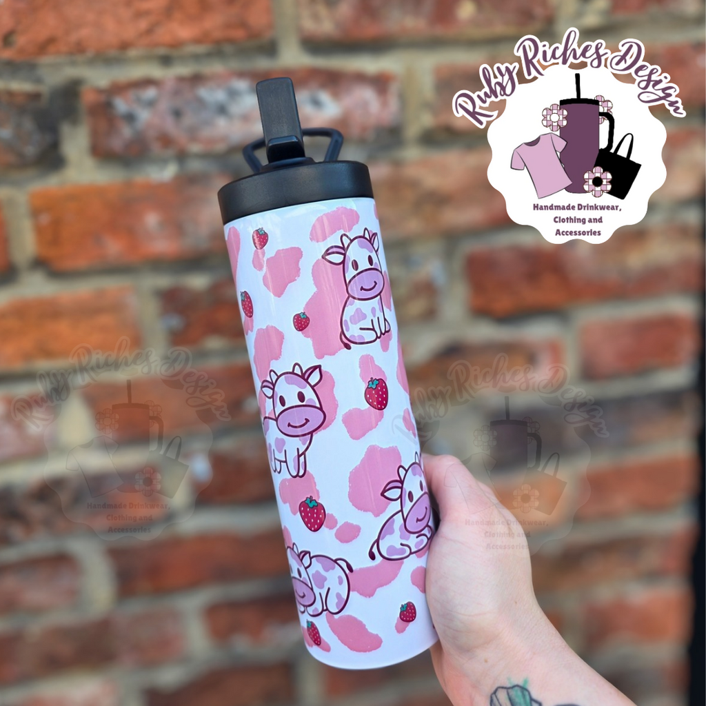 Pink Strawberry Cow 20oz Flip Lid Double Wall Insulated Bottle