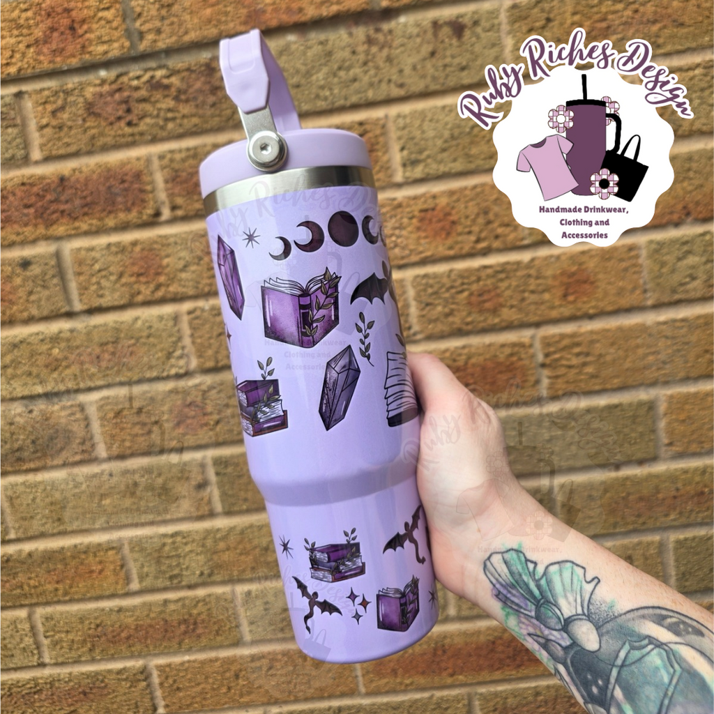 Fantasy Reader Bookish Style 30oz Flip Lid Double Wall Insulated Shimmer Tumbler