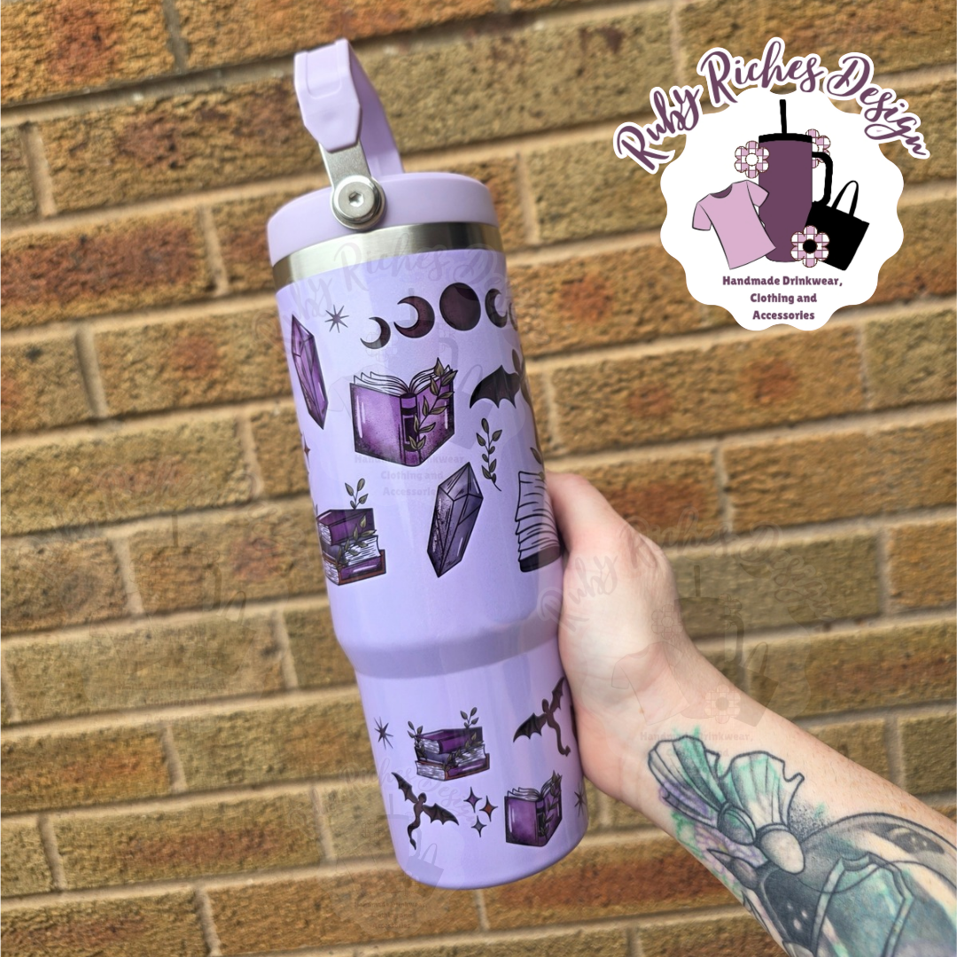Fantasy Reader Bookish Style 30oz Flip Lid Double Wall Insulated Shimmer Tumbler