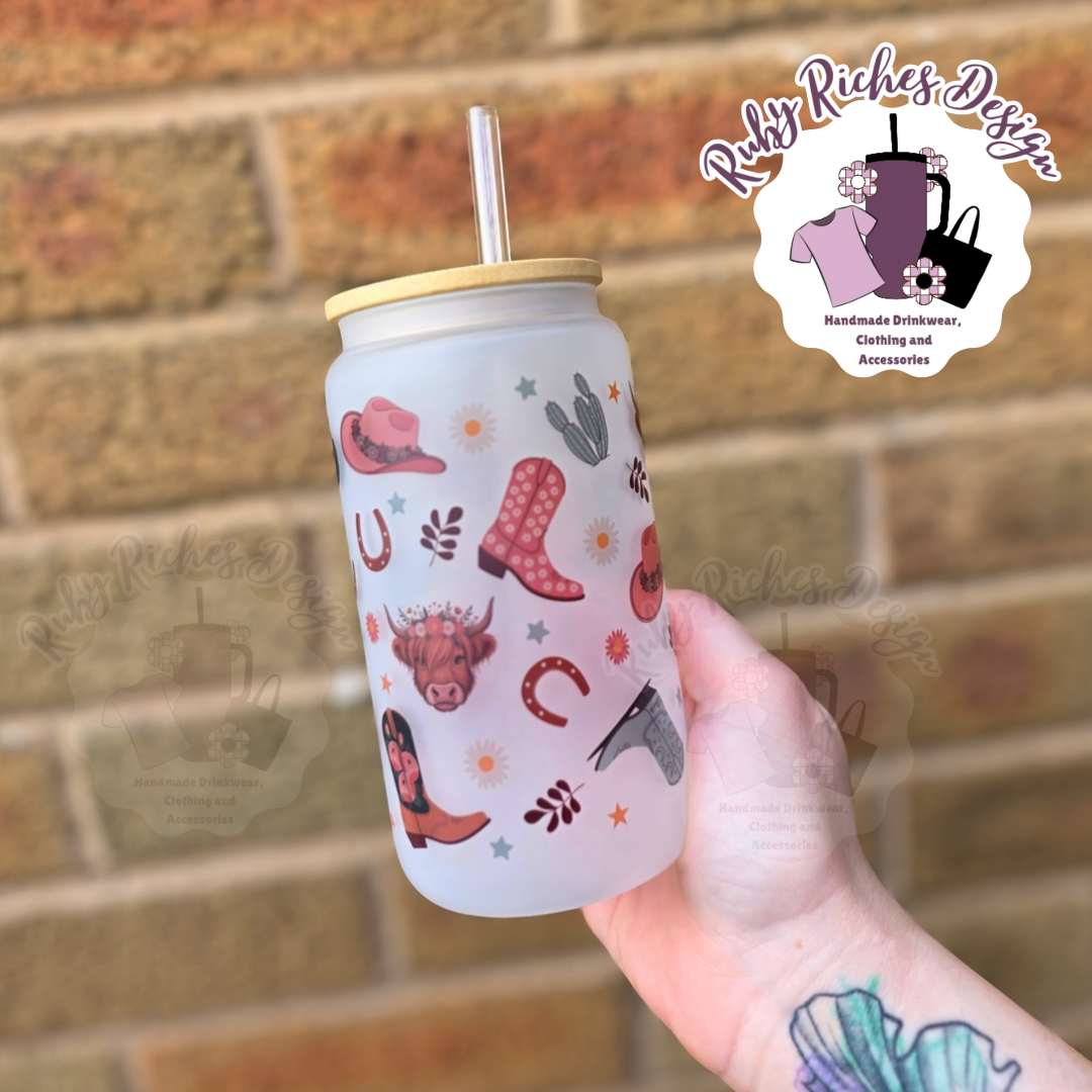 Floral Cow Western theme 16oz Glass Tumbler