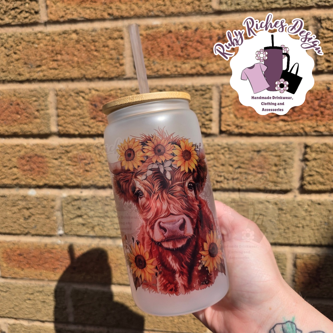 Sunflower Highland Cow Frosted Glass Tumbler