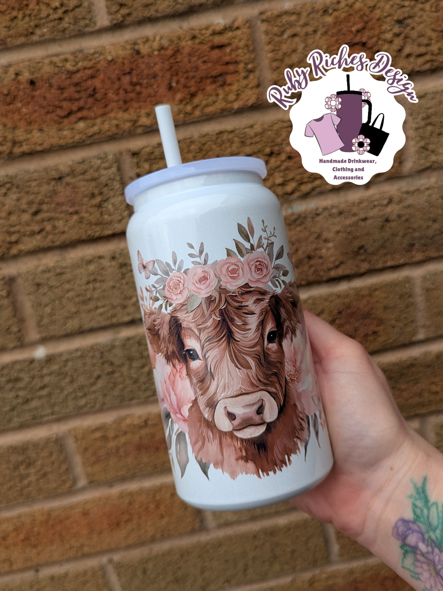 Highland Cow Pink And Sage Butterfly 16oz Metal Tumbler