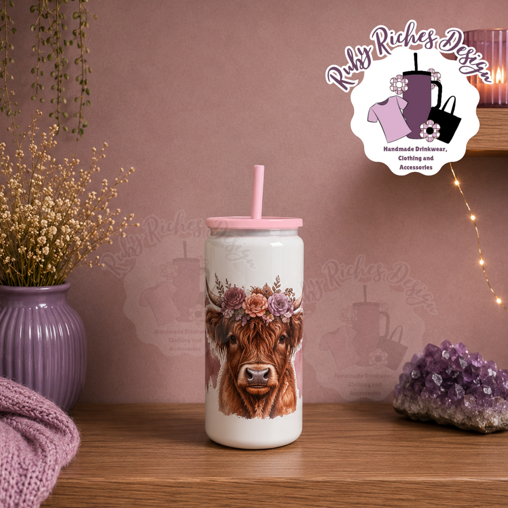 Highland Cow 16oz Skinny Metal Tumbler with Double Wall Insulation, Pink lid and straw