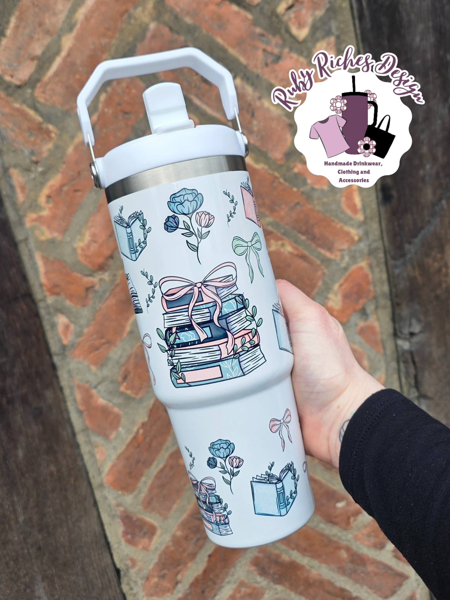 Books And Bows 30oz Flip Lid Double Wall Insulated Leakproof Tumbler