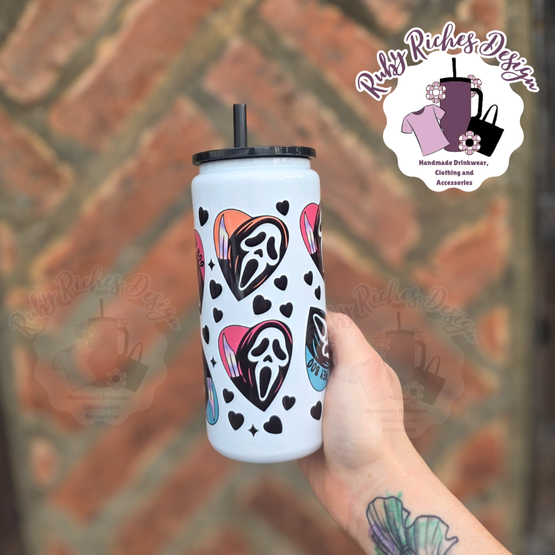 Ghost Face 16oz Skinny Metal Tumbler, Double Wall Insulation With Black Lid