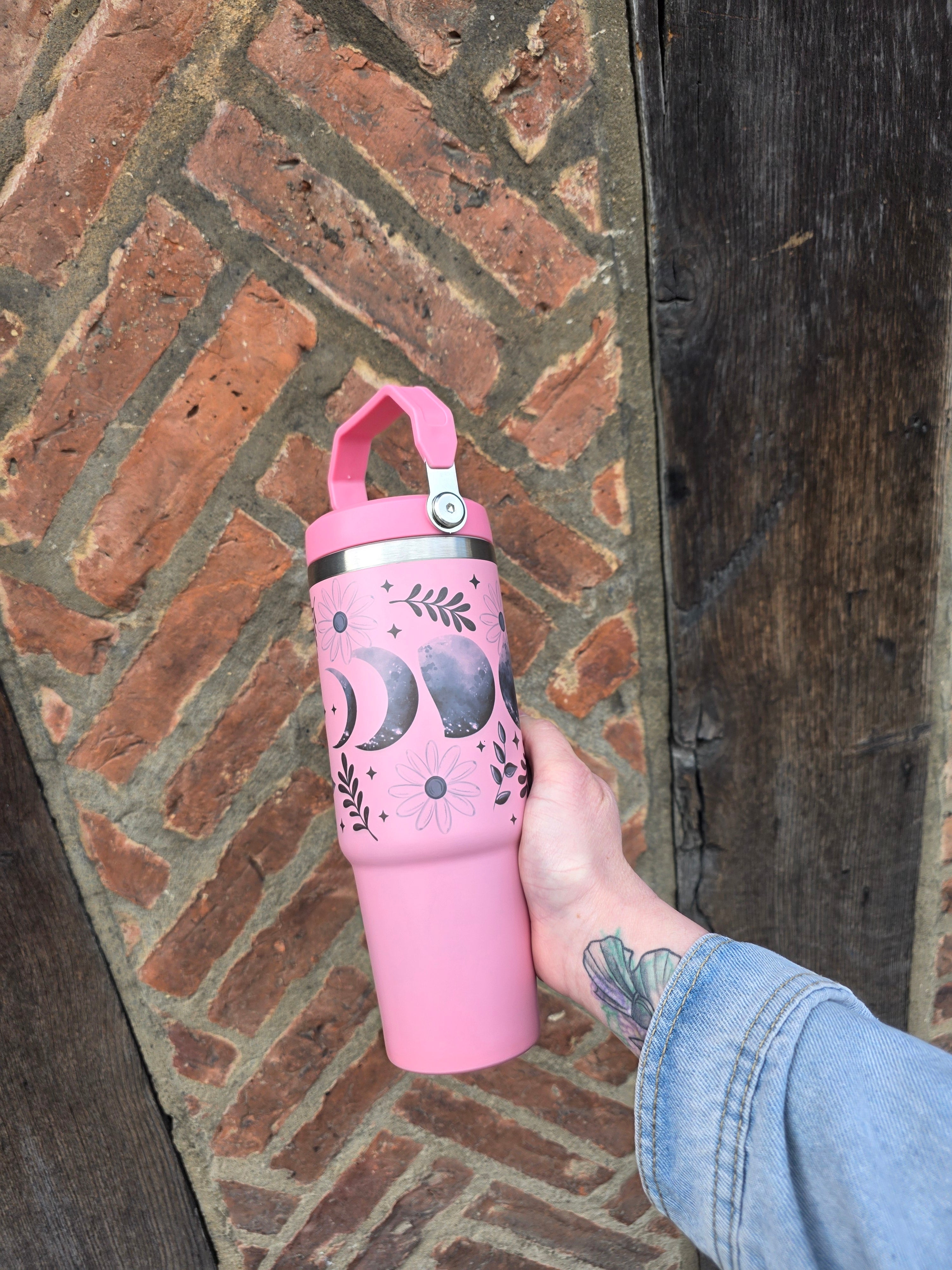 Pink Moon Phase 30oz Flip Lid Double Wall Insulated Metal Tumbler