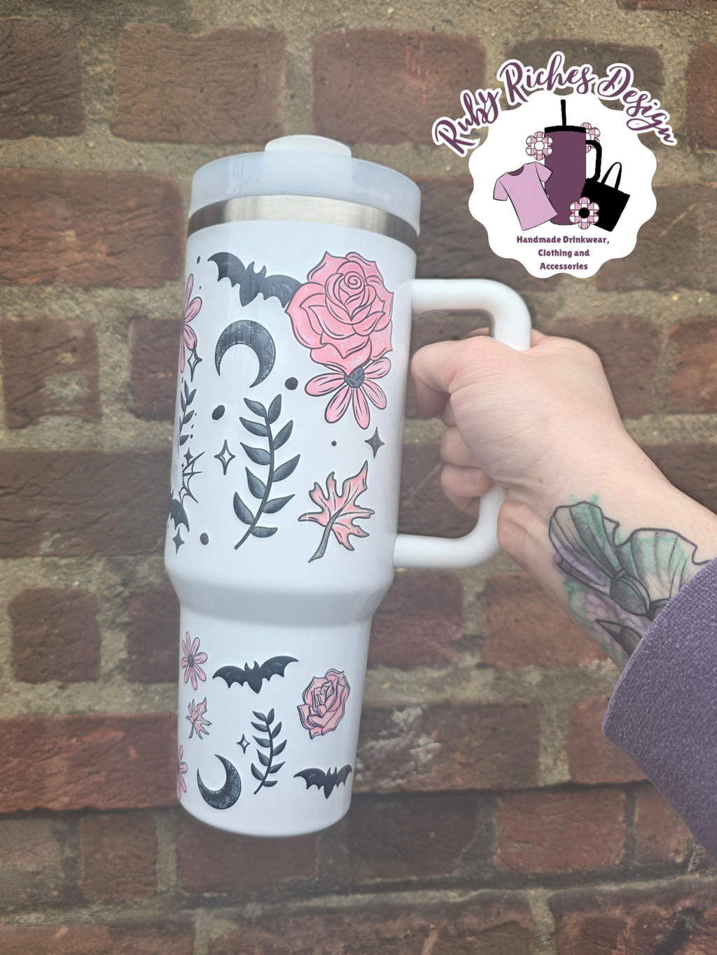 Pink Floral Ghost 40oz Double Wall Insulated Metal Tumbler