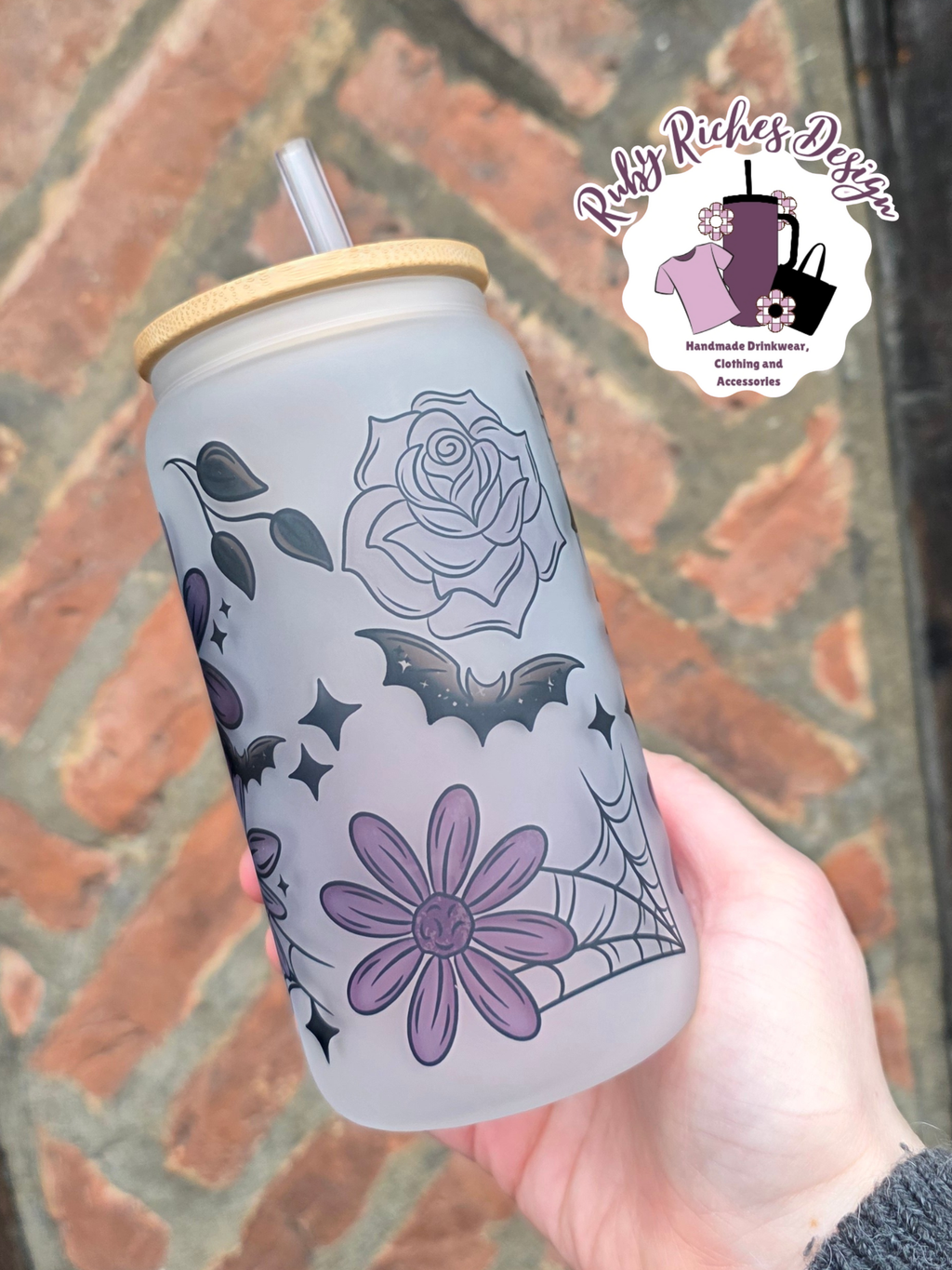 Spooky Florals Frosted Glass Tumbler With Bamboo Lid