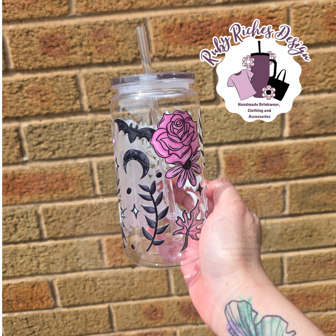 Pink Floral Ghostie 16oz Vaccum Lid Plastic Tumbler