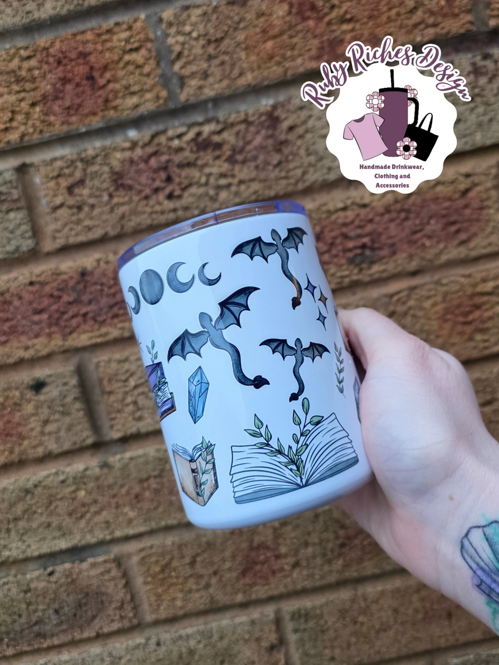 12oz Dragon Fantasy Reader Theme Side Handle Double Wall Insulated Mug