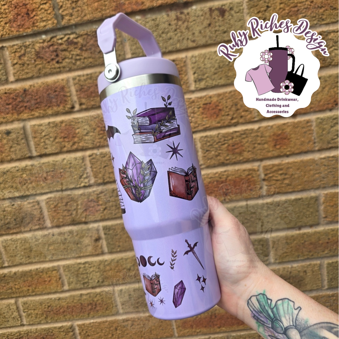Fantasy Reader Bookish Style 30oz Flip Lid Double Wall Insulated Shimmer Tumbler