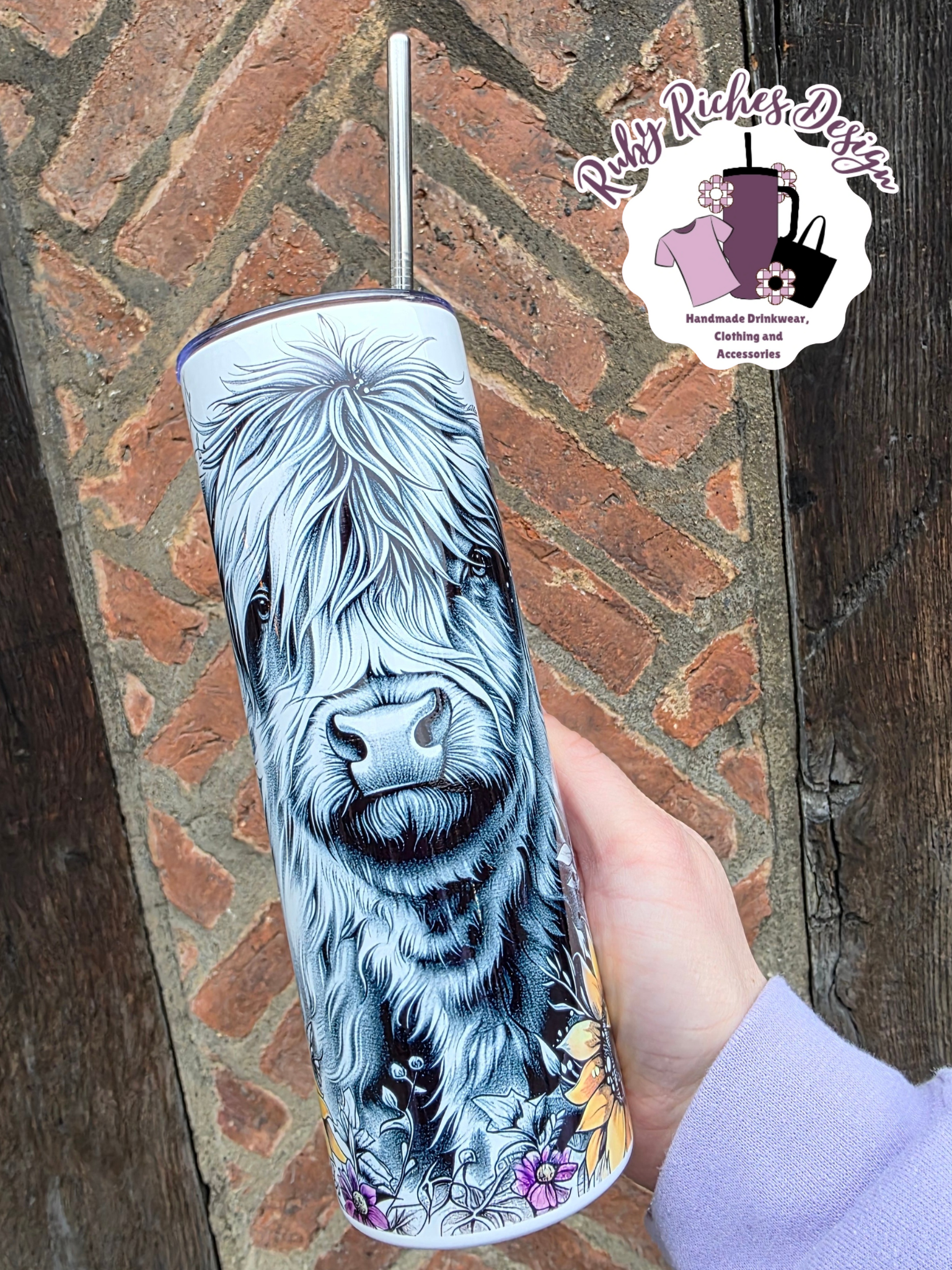 Highland Cow Sunflower Theme 20oz Double Wall Metal Tumbler