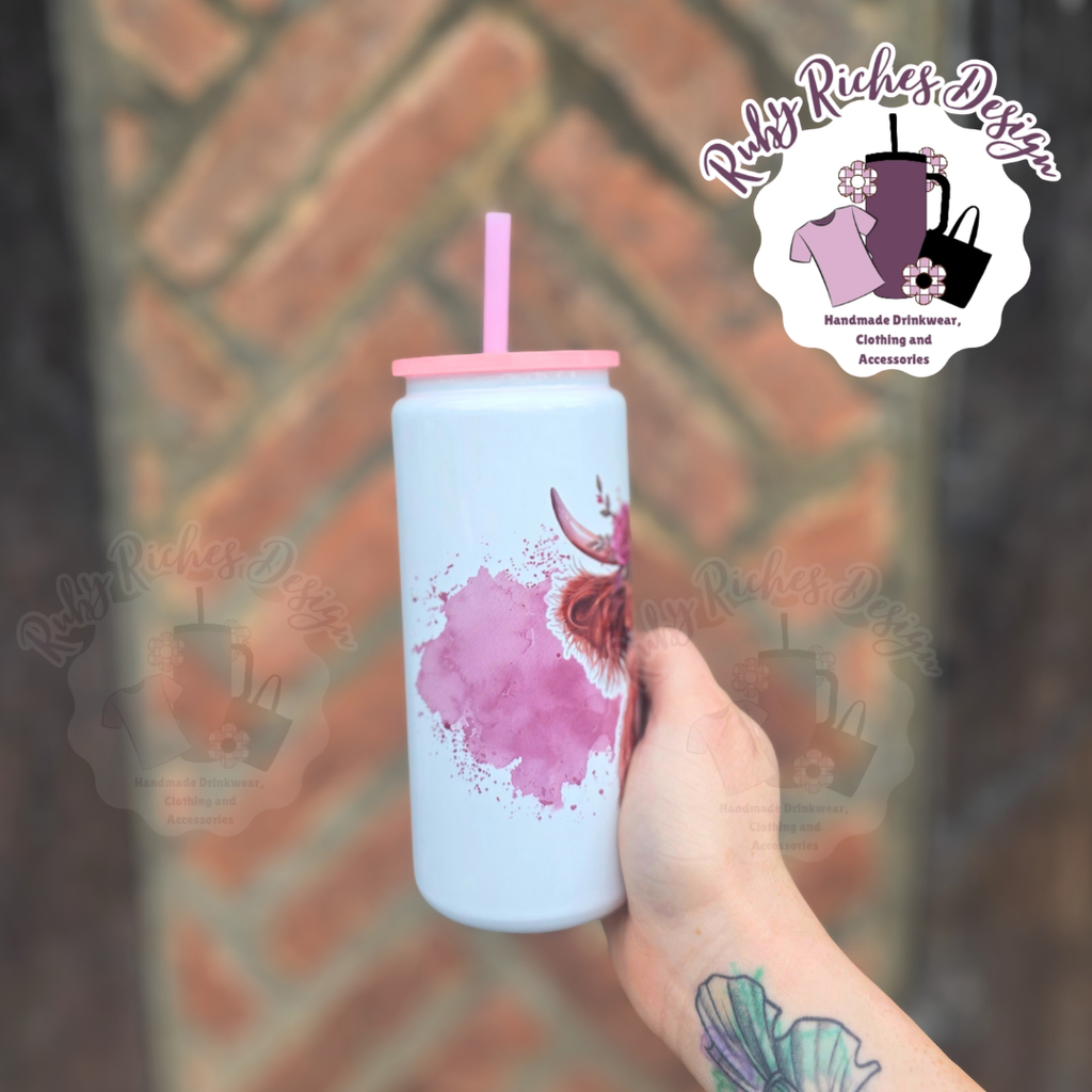 Highland Cow 16oz Skinny Metal Tumbler with Double Wall Insulation, Pink lid and straw