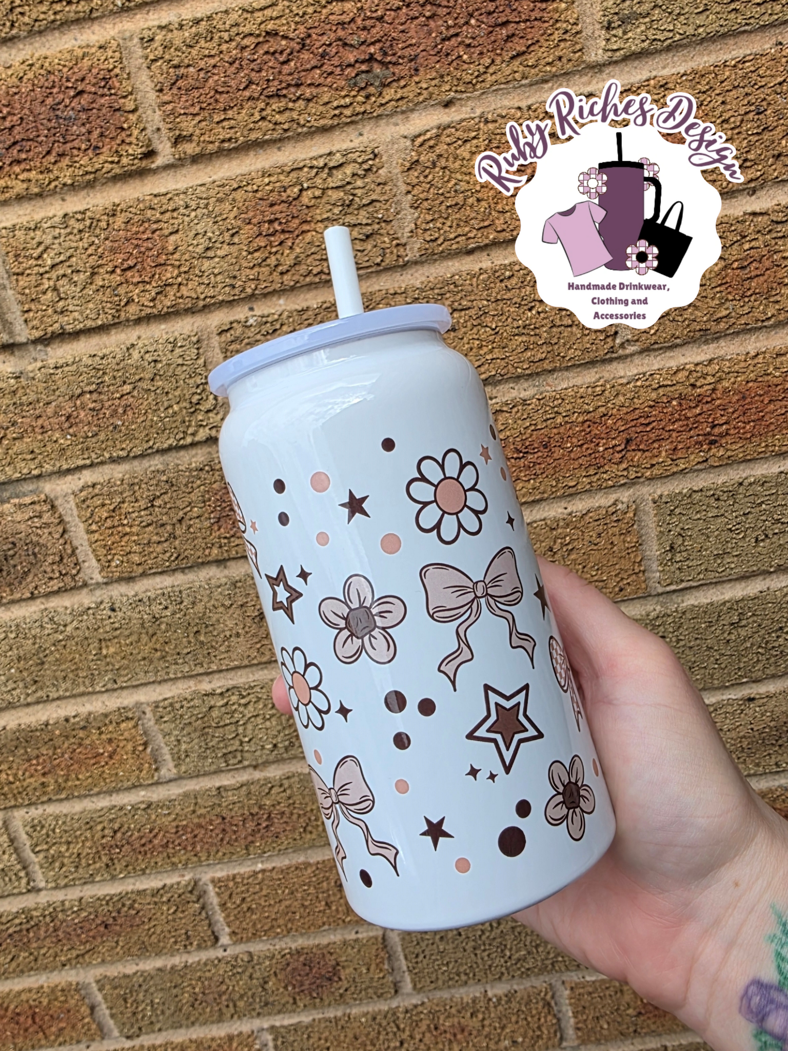 Neutral Floral And Bows 16oz Double Wall Insulated Metal Tumbler