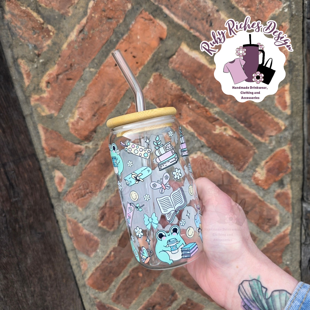Bookish Girly cute frog 16oz Glass Tumbler