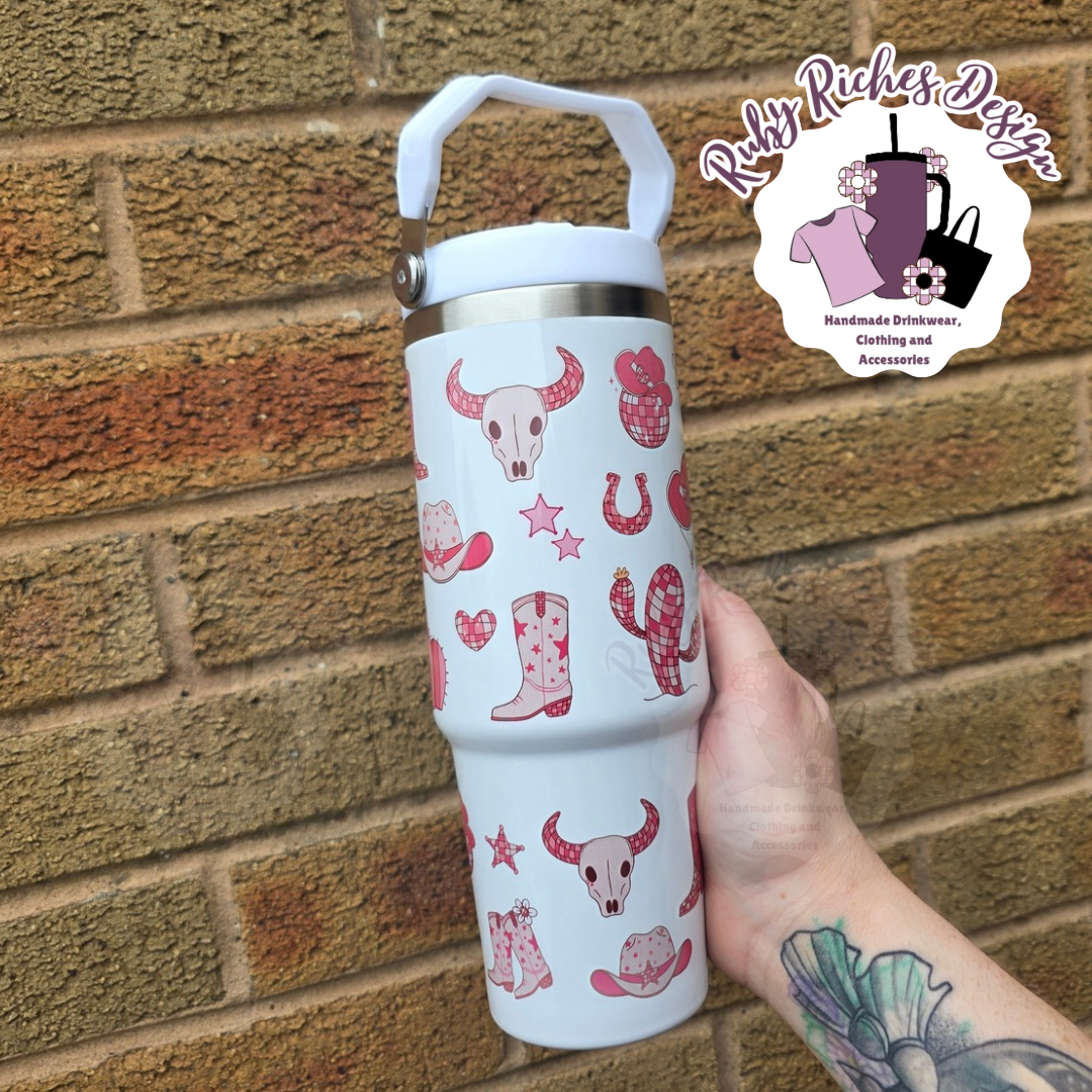 Country Western Theme 30oz Flip Lid Leakproof Double Wall Insulated Metal Tumbler