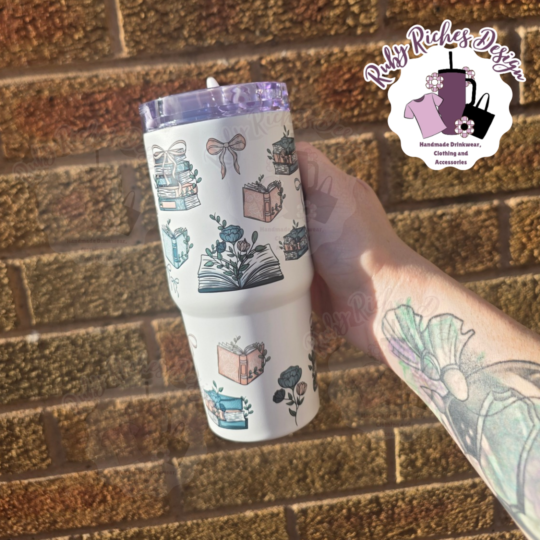 Books And Bows Mini Stlyle 14oz Flip Lid Metal Tumbler with double wall insulation and Leakproof flip lid