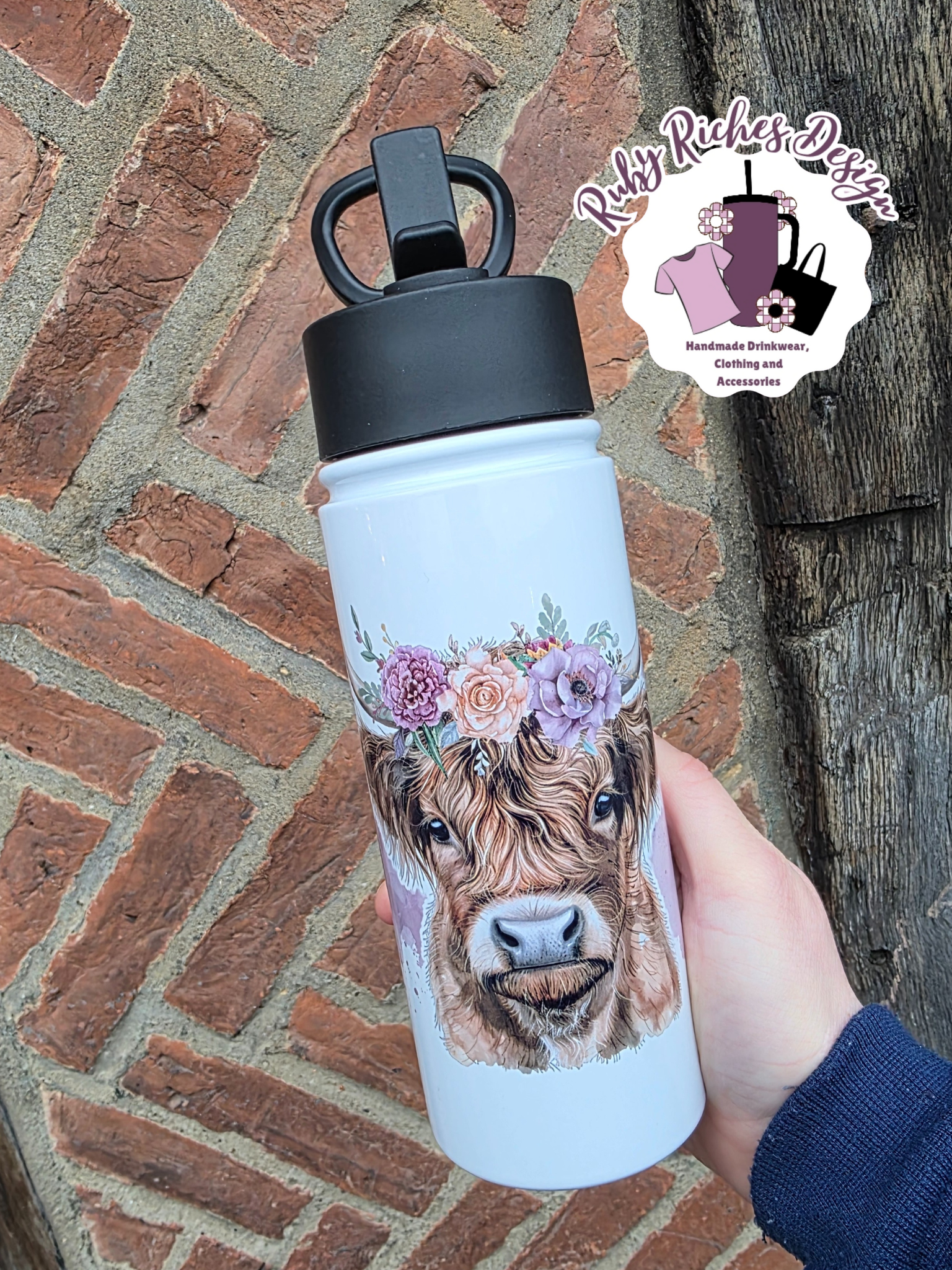 Highland Cow Flip Lid Double Wall Insulated Bottle With Handle