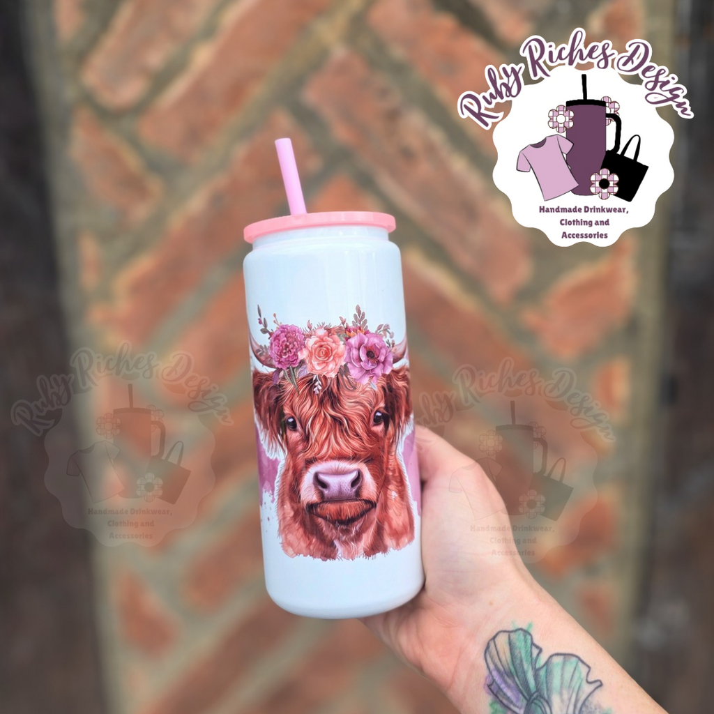 Highland Cow 16oz Skinny Metal Tumbler with Double Wall Insulation, Pink lid and straw