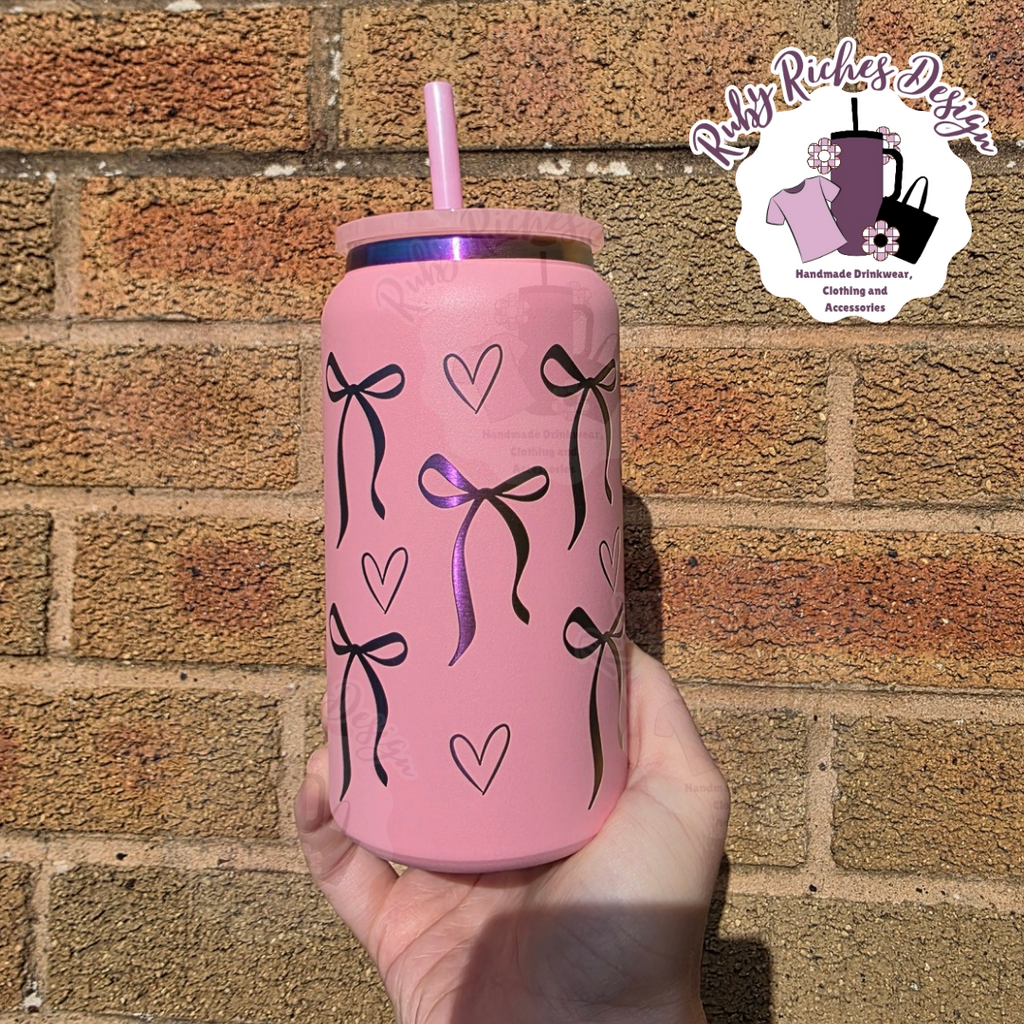 Bows Theme Rainbow Plated Pink Engraved 16oz Double Wall Insulated Metal Tumbler