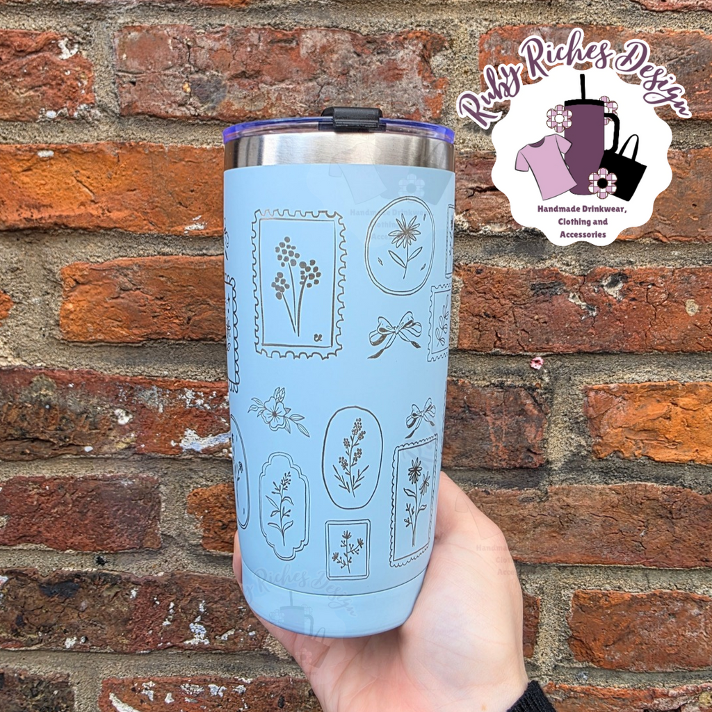 Blue Engraved Floral Frames 20oz Metal Tumbler