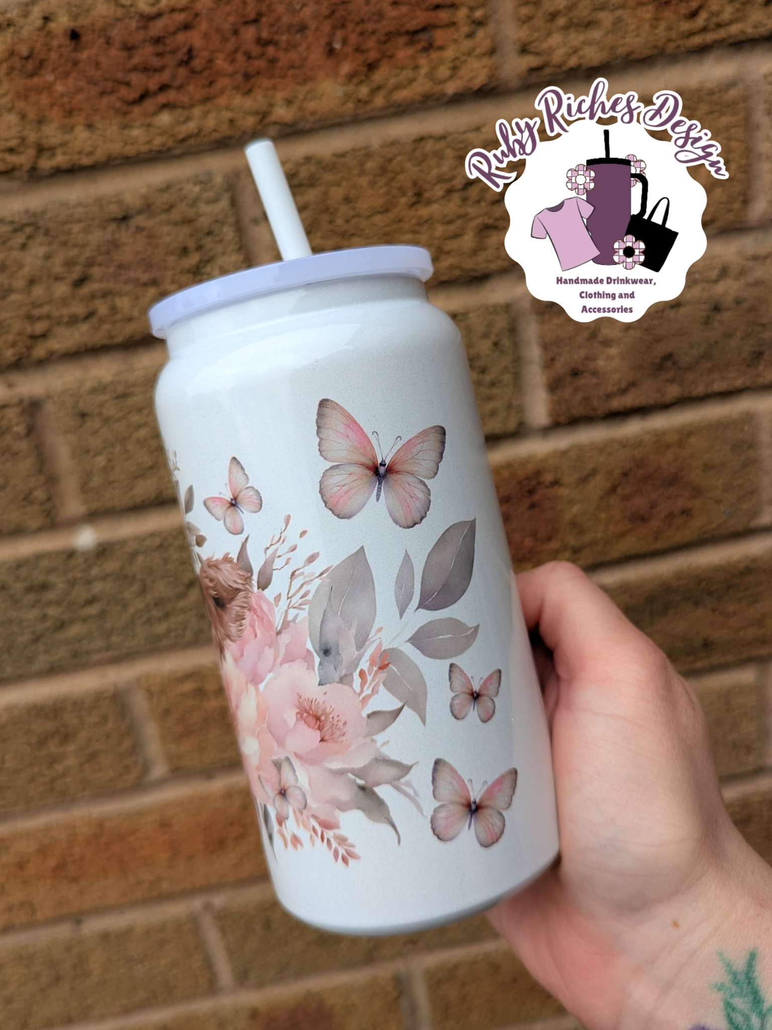 Highland Cow Pink And Sage Butterfly 16oz Metal Tumbler