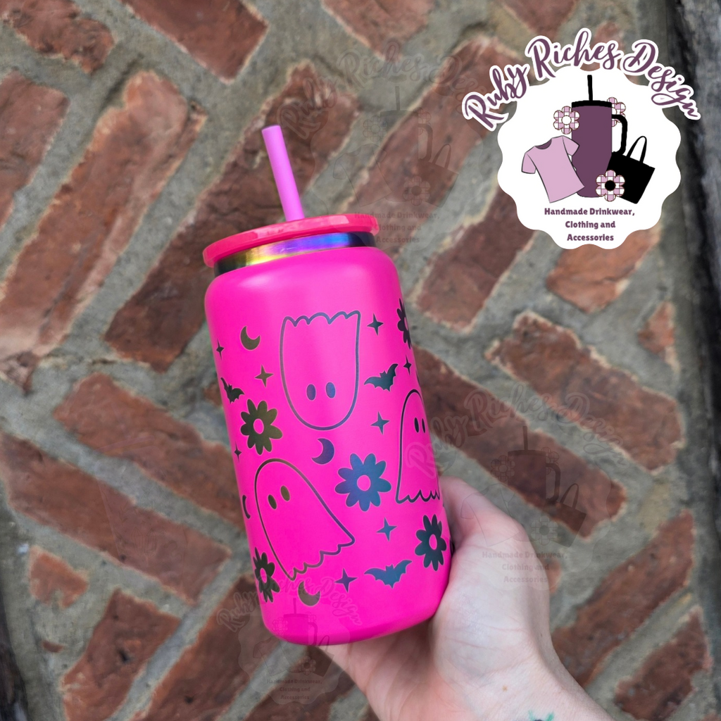 Pink Rainbow Plated Ghostie Theme 16oz Engraved Tumbler