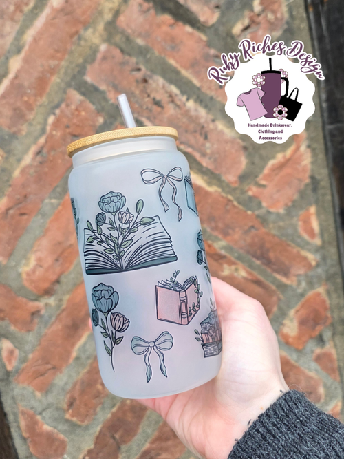 Books And Bows Frosted Glass Tumbler With Bamboo Lid