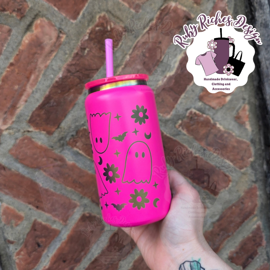 Pink Rainbow Plated Ghostie Theme 16oz Engraved Tumbler