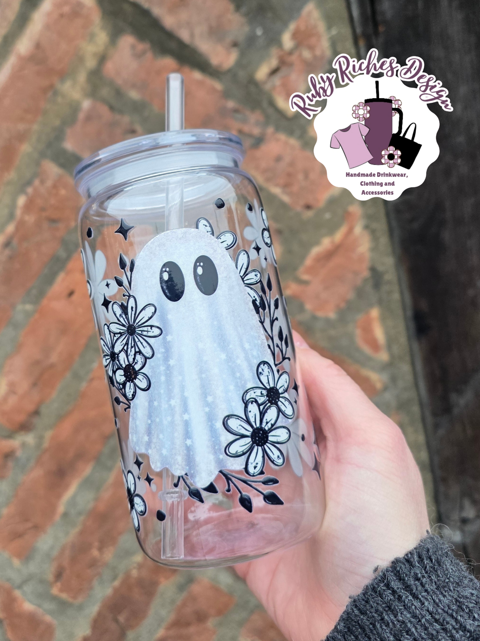 Monochrome Floral Ghost Plastic Tumbler