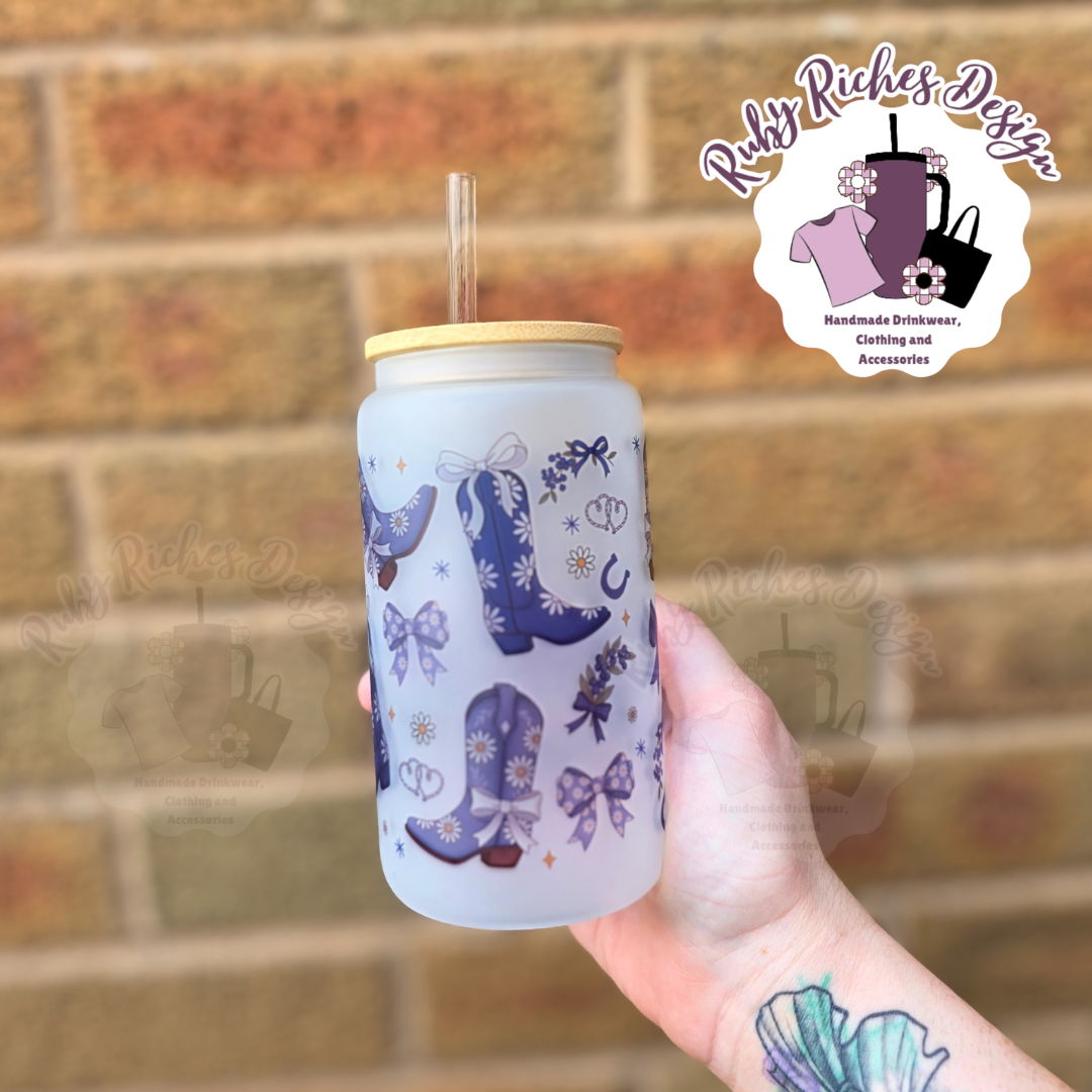 Blue Bows And Boots Western Theme 16oz Glass Tumbler