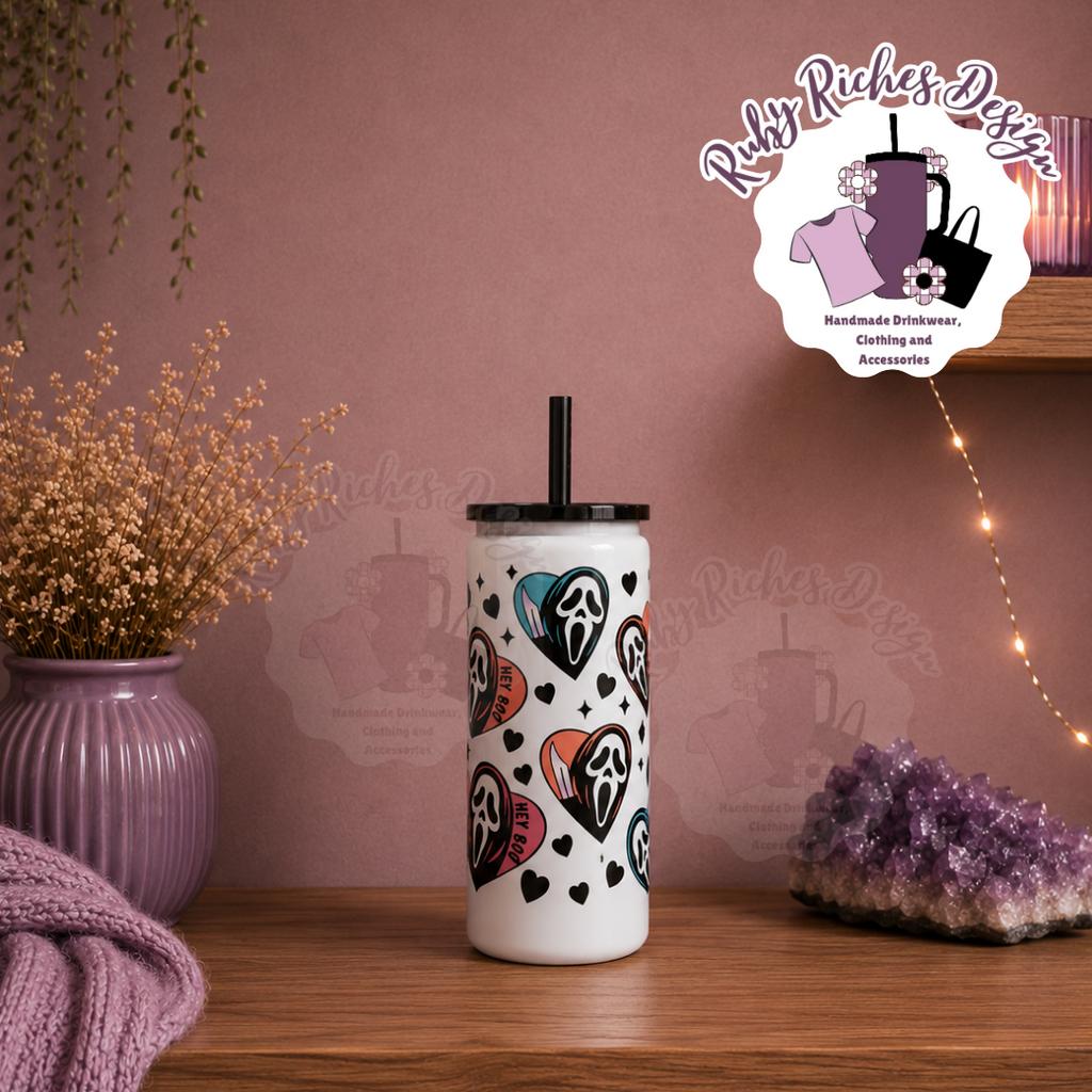 Ghost Face 16oz Skinny Metal Tumbler, Double Wall Insulation With Black Lid