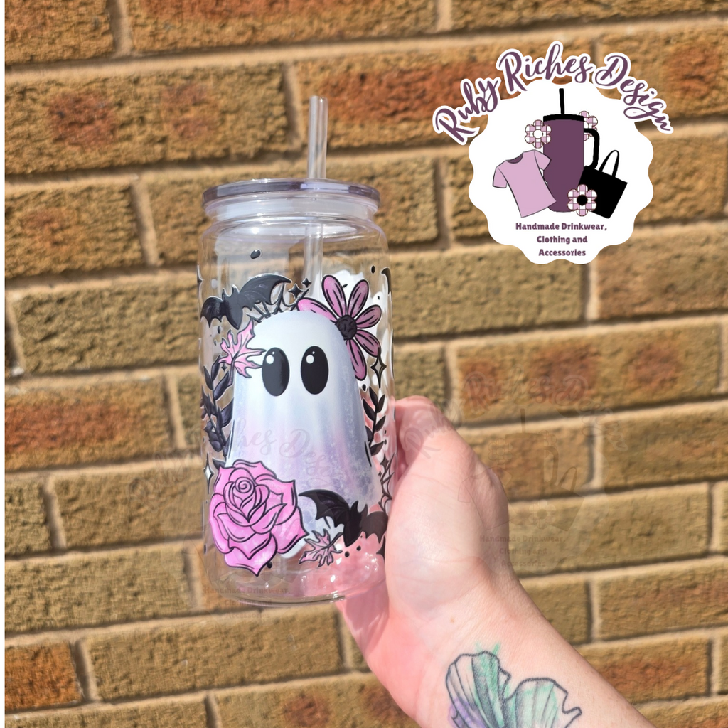 Pink Floral Ghostie 16oz Vaccum Lid Plastic Tumbler
