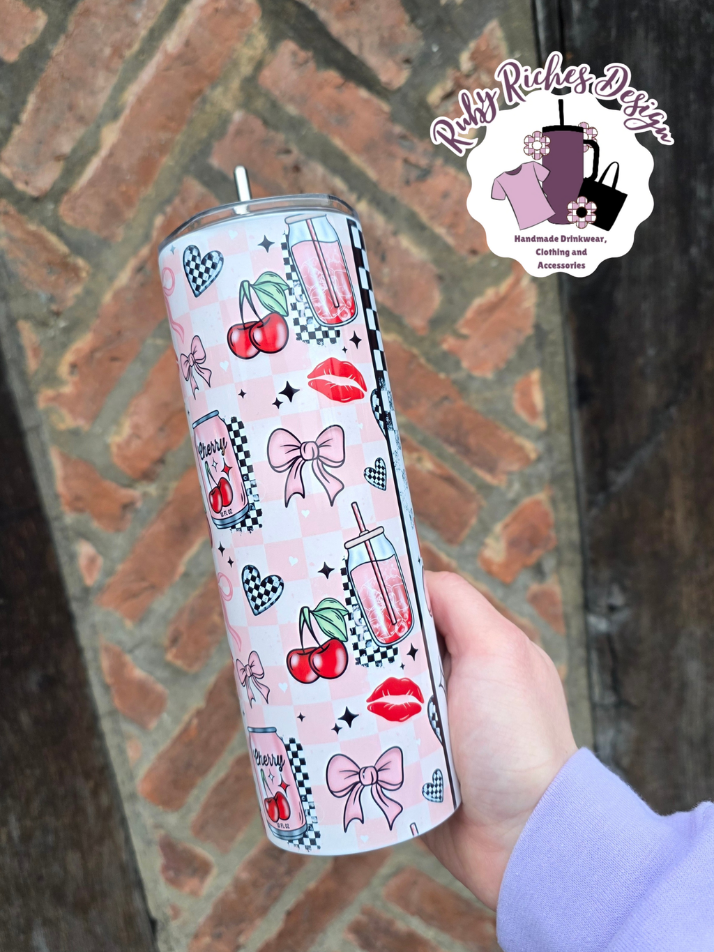 Very Cherry Checkered 20oz Double Wall Insulated Metal Tumbler