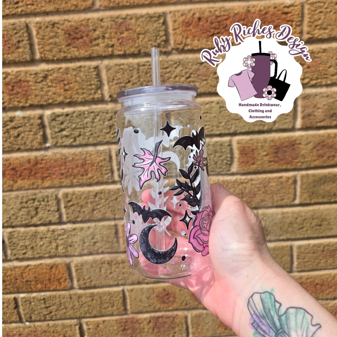 Pink Floral Ghostie 16oz Vaccum Lid Plastic Tumbler