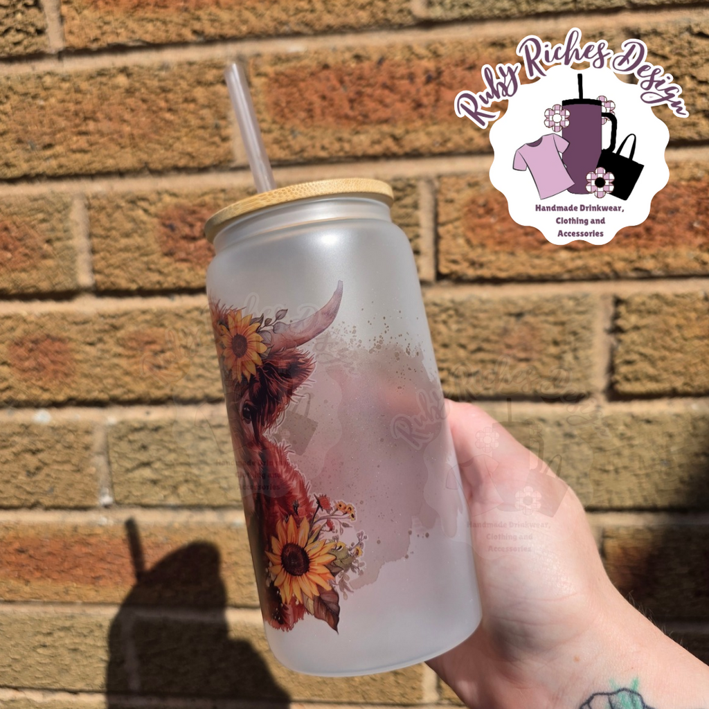 Sunflower Highland Cow Frosted Glass Tumbler