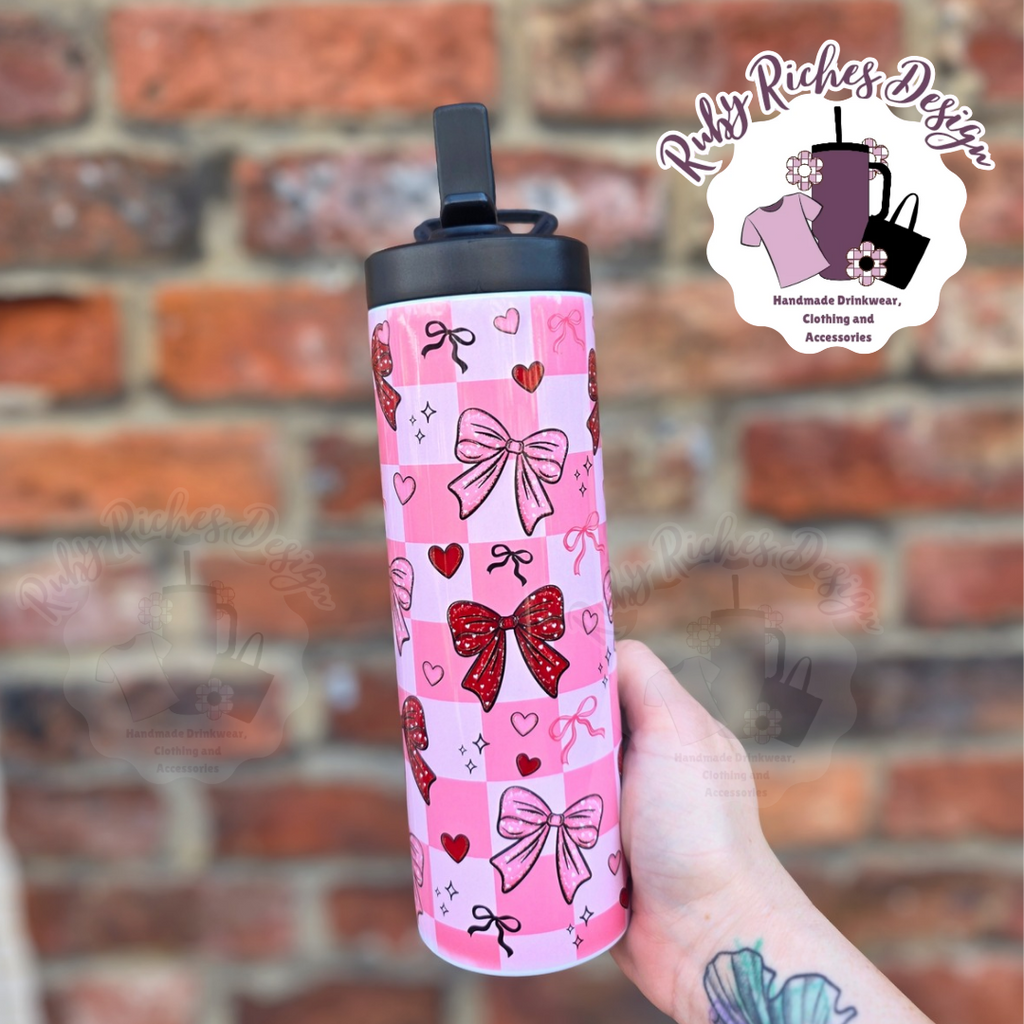 Checkered pink bows 20oz Double Wall insulated flip lid bottle