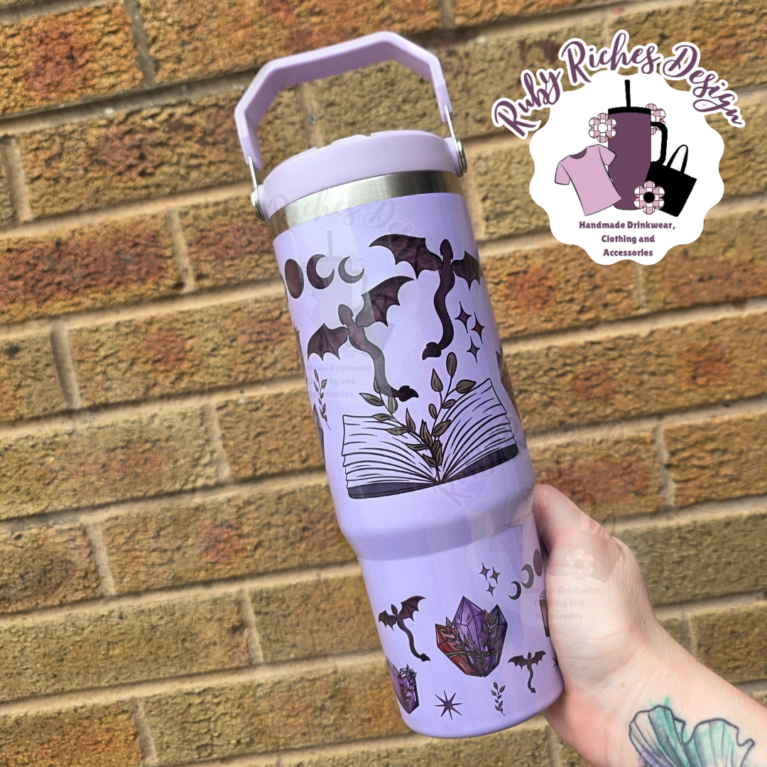 Fantasy Reader Bookish Style 30oz Flip Lid Double Wall Insulated Shimmer Tumbler