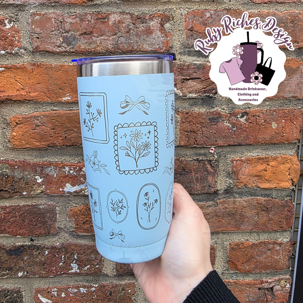 Blue Engraved Floral Frames 20oz Metal Tumbler