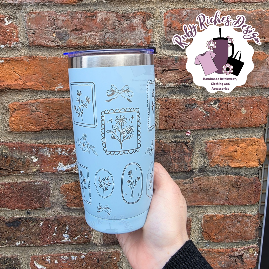 Blue Engraved Floral Frames 20oz Metal Tumbler