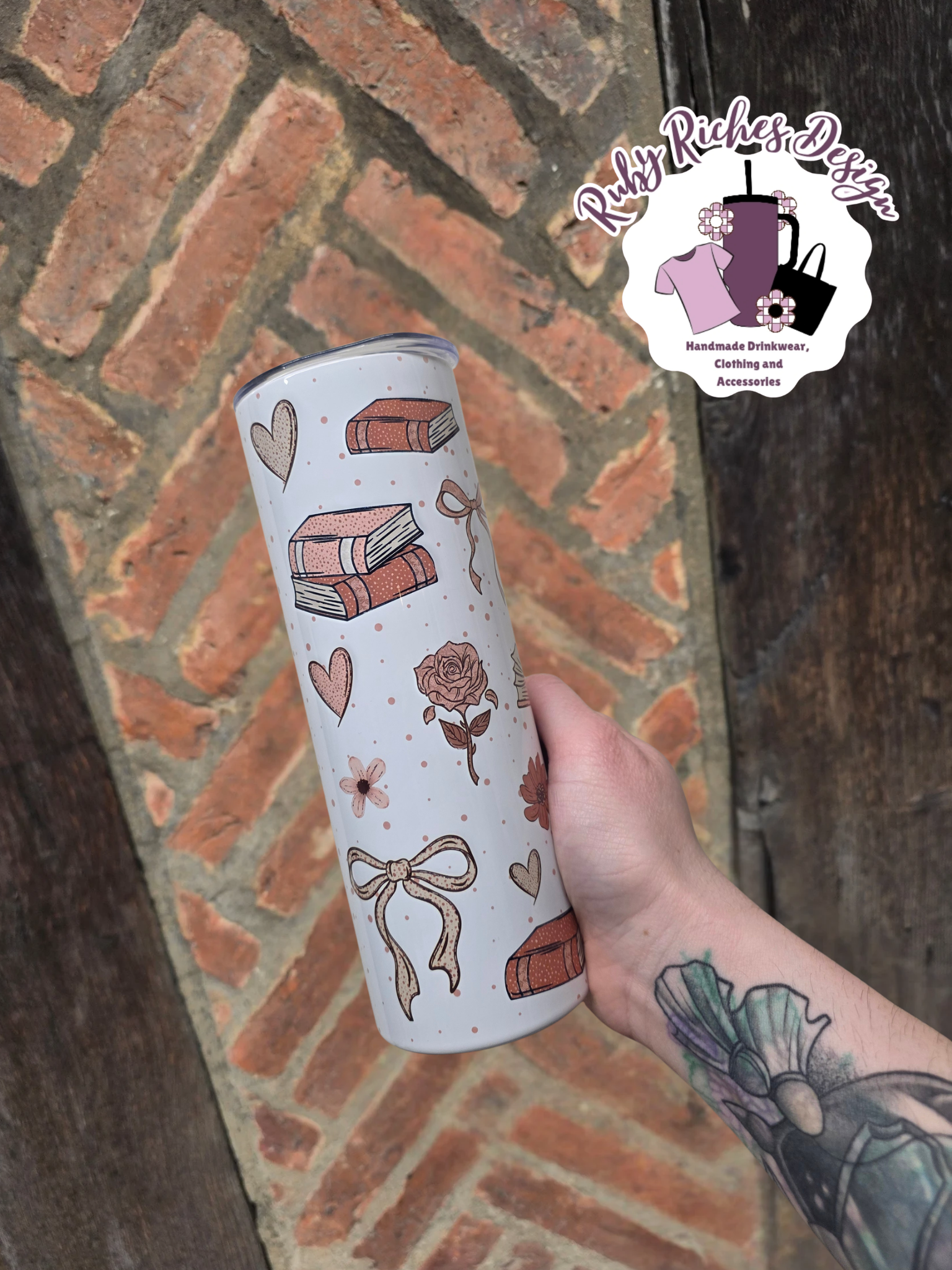 Ditsy Bows And Books 20oz Double Wall Insulated Metal Tumbler with metal straw and Cleaner